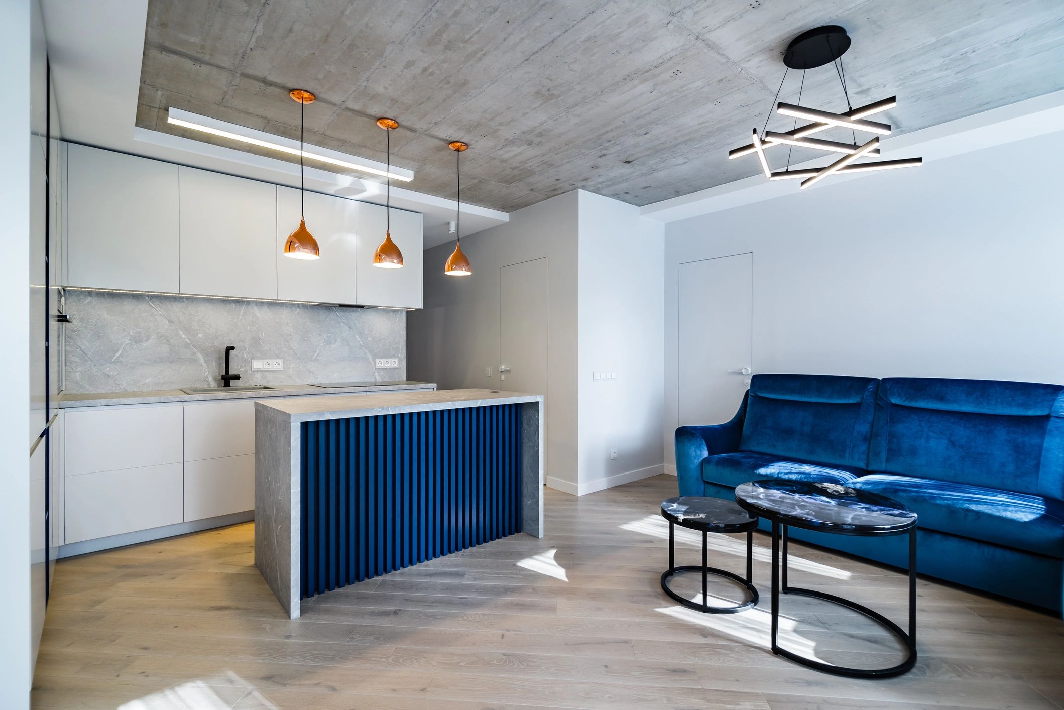Modern apartment interior with living room and kitchen