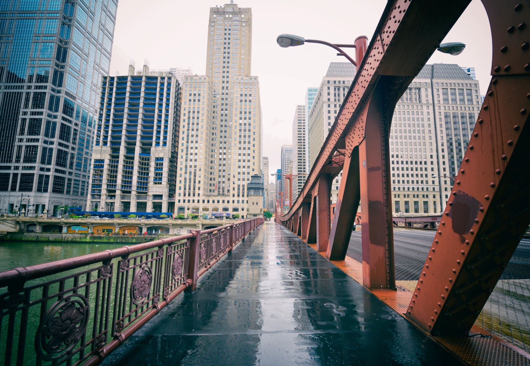 Chicago bridge and skyline at dusk